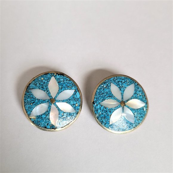 Vintage Alpaca Mexico round Abalone shell earrings - Picture 3 of 6